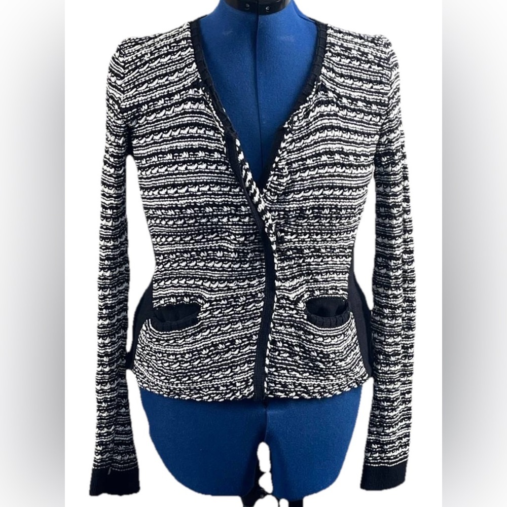 Grace Elements Black‎ white tweed knit sweater jacket sz M 100 Cotton